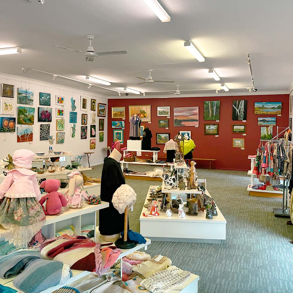 A range of painting and local arts and crafts on display in the Lyrebird Gallery